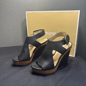 Michael Kors Black Leather Buckle Platform Wood Wedge Shoes Women's 6m